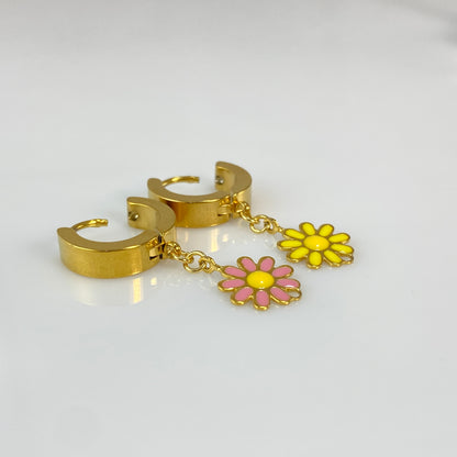Enamel Flower Huggie Hoop Earrings