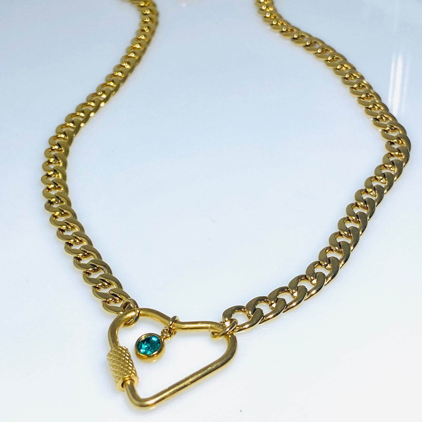 Gold Heart Carabiner & Birthstone Flat Miami Cuban Chain Necklace