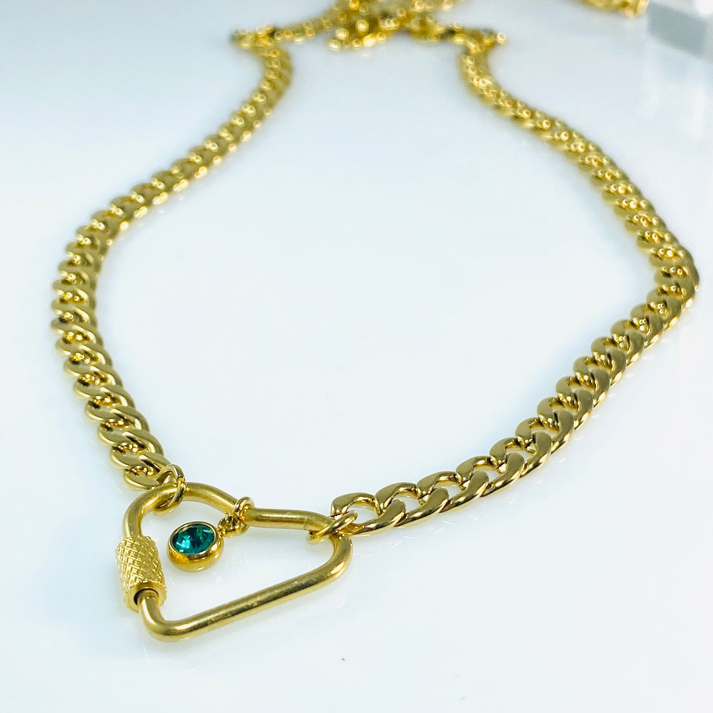 Gold Heart Carabiner & Birthstone Flat Miami Cuban Chain Necklace