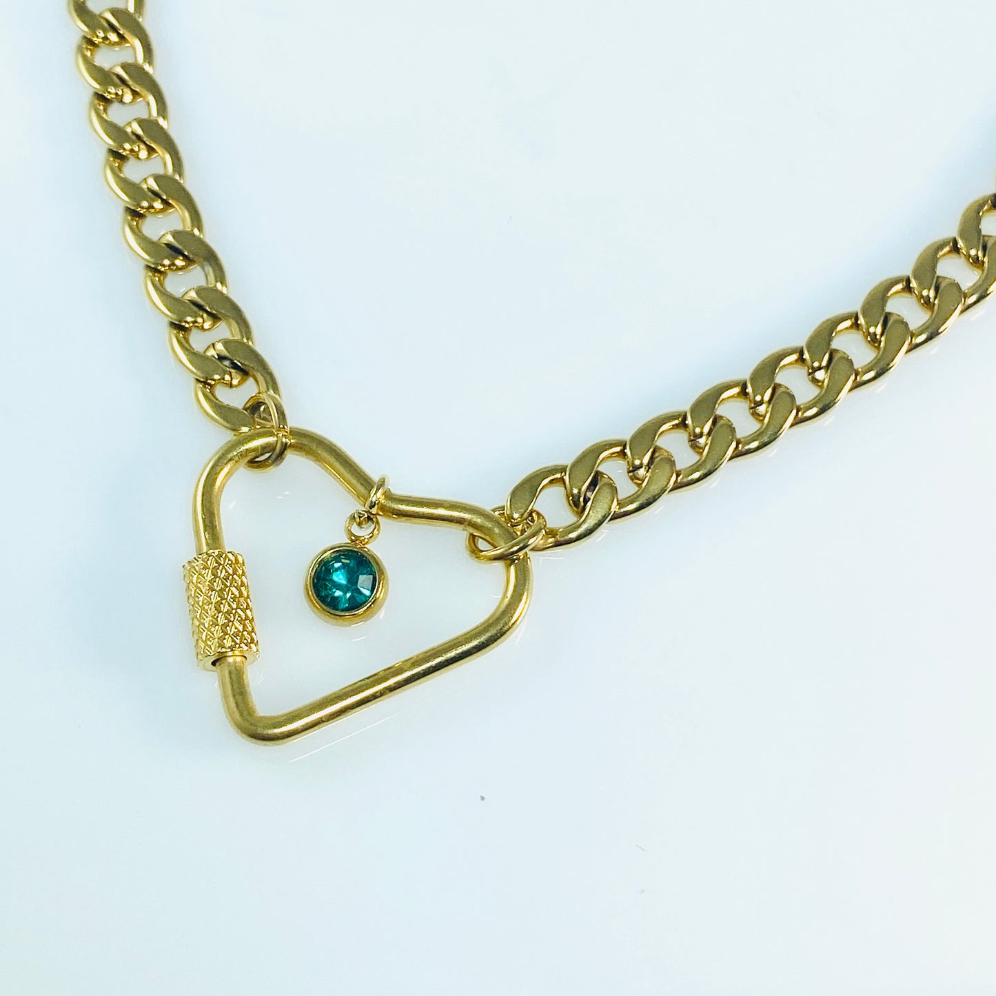 Gold Heart Carabiner & Birthstone Flat Miami Cuban Chain Necklace