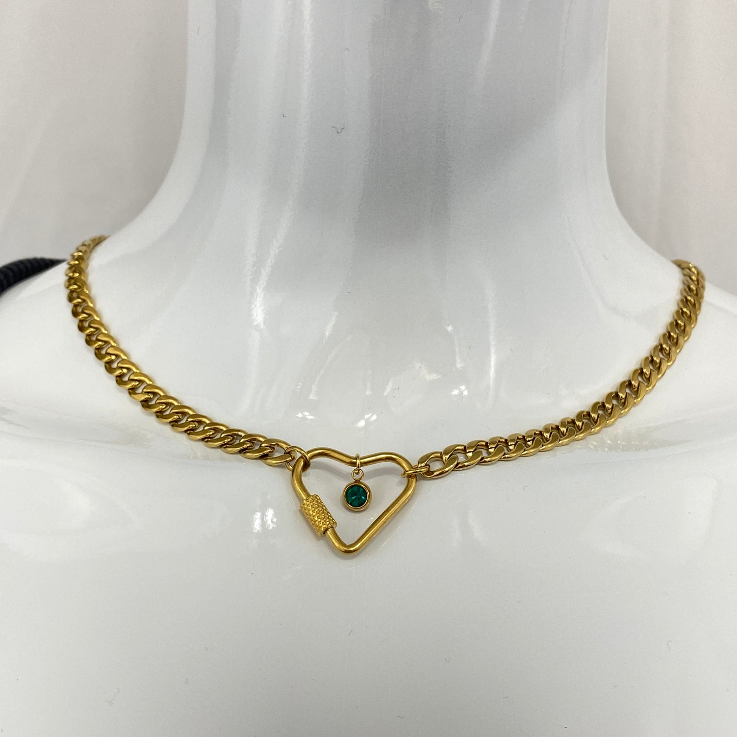 Gold Heart Carabiner & Birthstone Flat Miami Cuban Chain Necklace