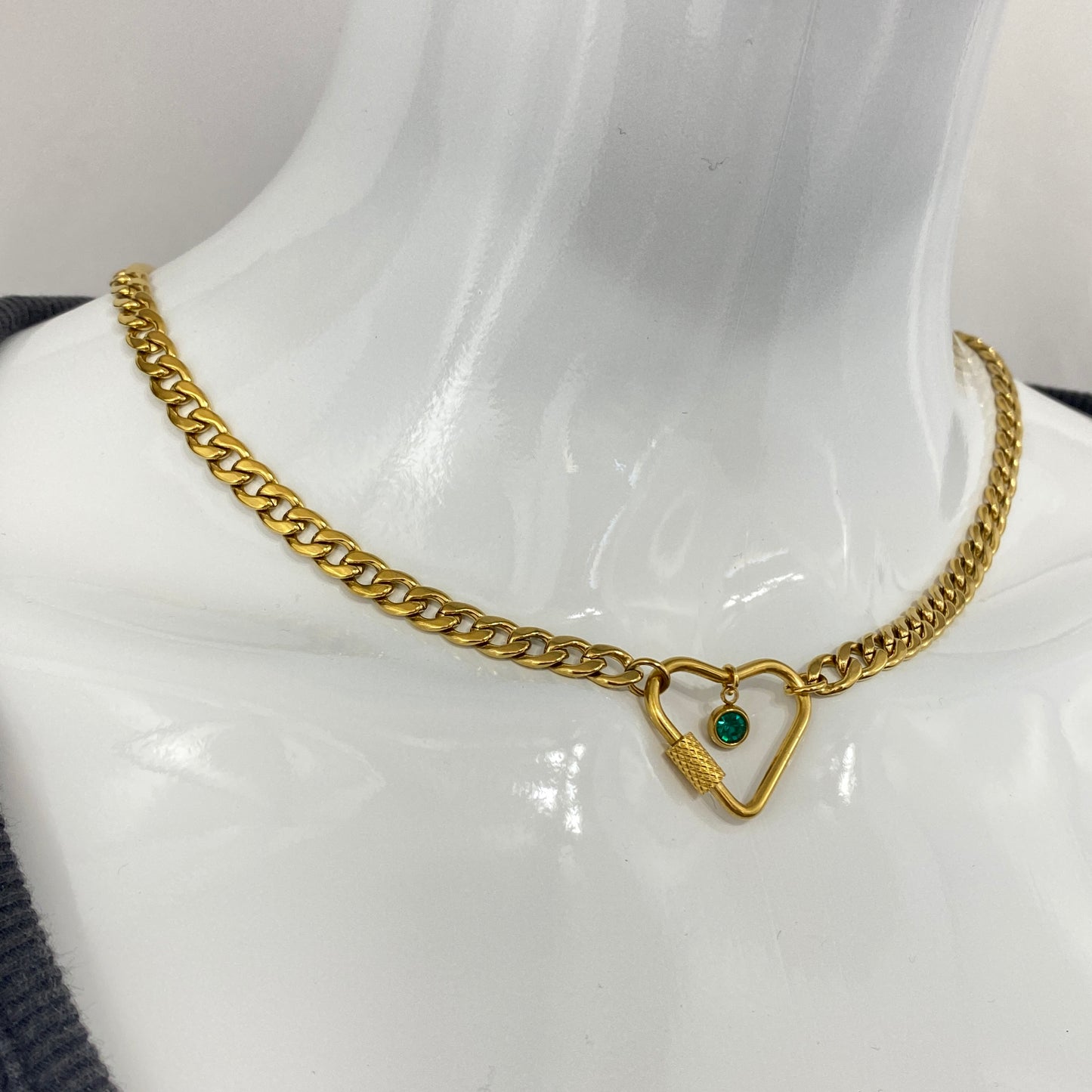 Gold Heart Carabiner & Birthstone Flat Miami Cuban Chain Necklace
