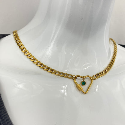 Gold Heart Carabiner & Birthstone Flat Miami Cuban Chain Necklace