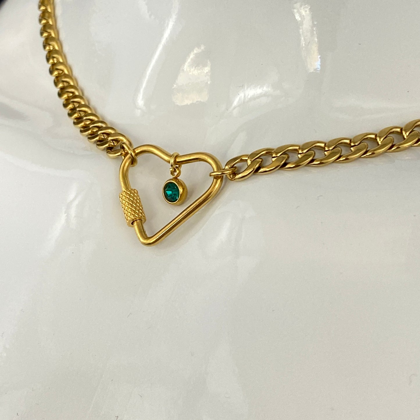 Gold Heart Carabiner & Birthstone Flat Miami Cuban Chain Necklace