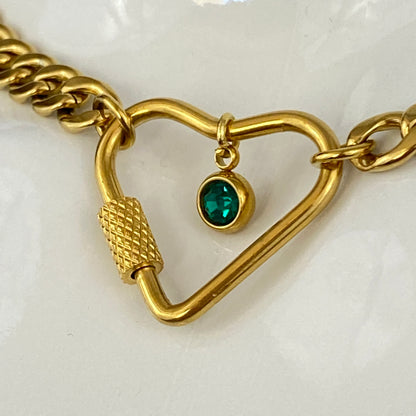 Gold Heart Carabiner & Birthstone Flat Miami Cuban Chain Necklace