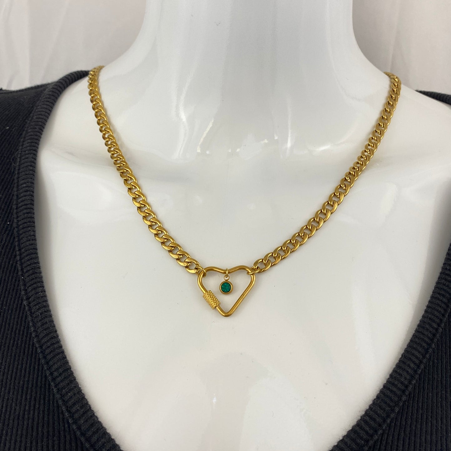 Gold Heart Carabiner & Birthstone Flat Miami Cuban Chain Necklace