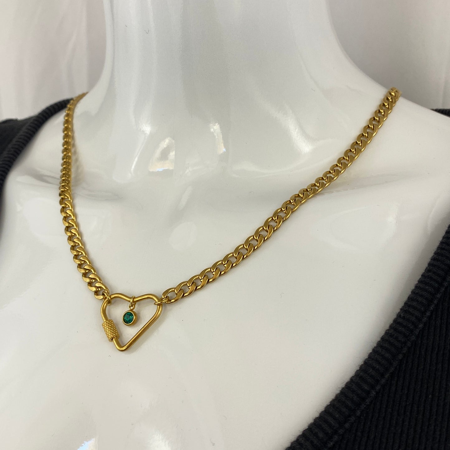 Gold Heart Carabiner & Birthstone Flat Miami Cuban Chain Necklace