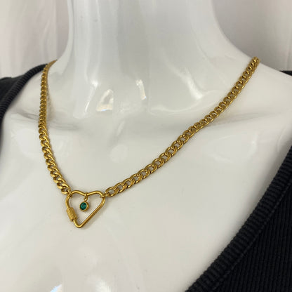 Gold Heart Carabiner & Birthstone Flat Miami Cuban Chain Necklace