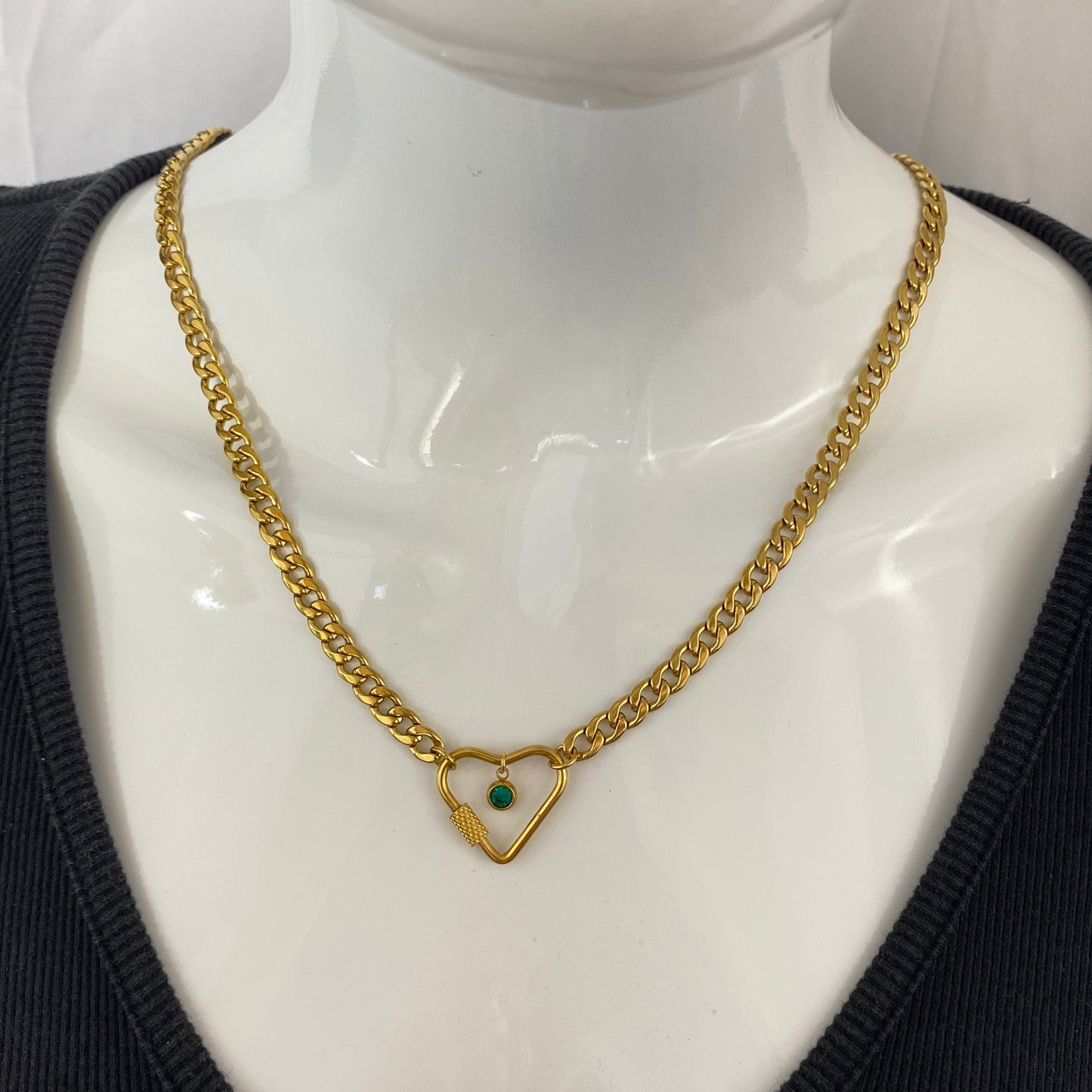 Gold Heart Carabiner & Birthstone Flat Miami Cuban Chain Necklace