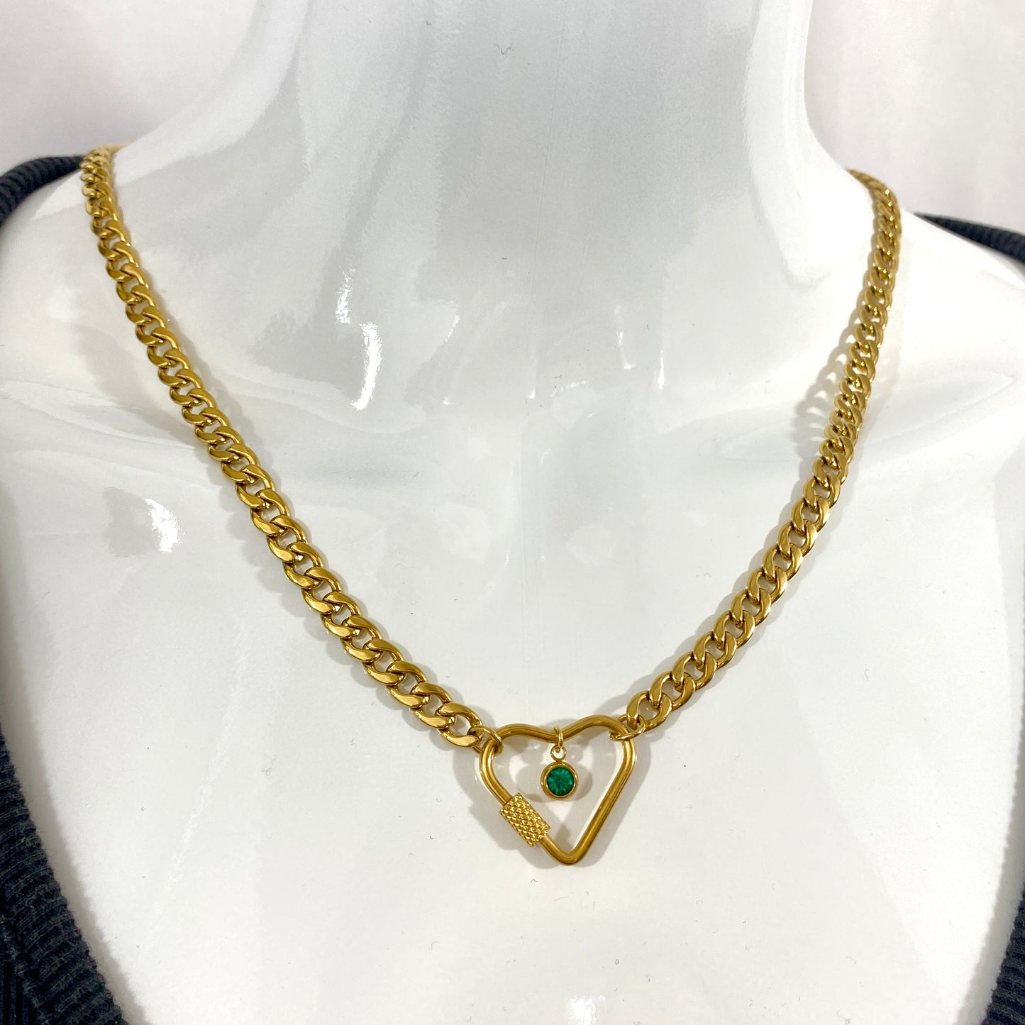 Gold Heart Carabiner & Birthstone Flat Miami Cuban Chain Necklace