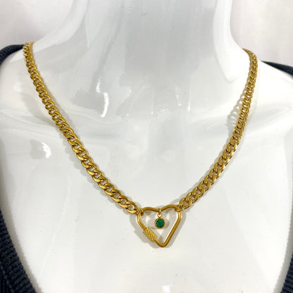 Gold Heart Carabiner & Birthstone Flat Miami Cuban Chain Necklace