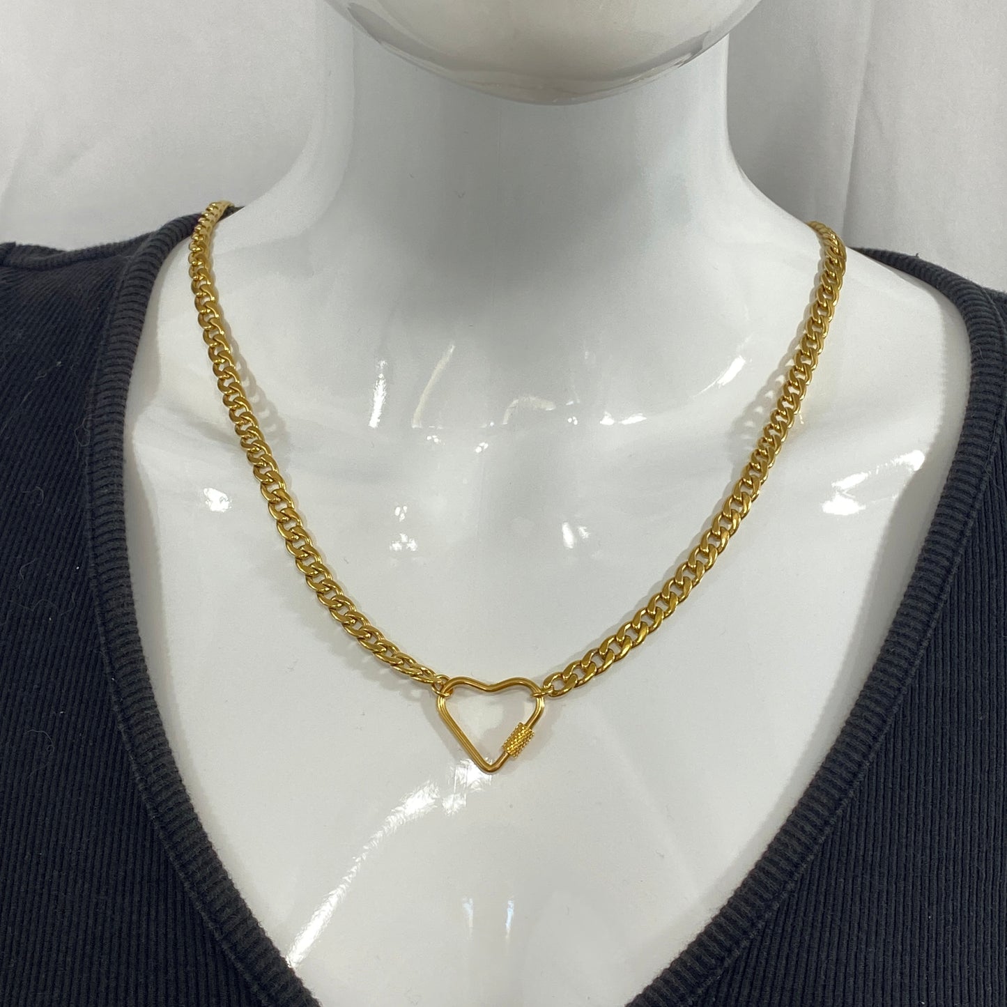 Gold Heart Carabiner & Birthstone Flat Miami Cuban Chain Necklace