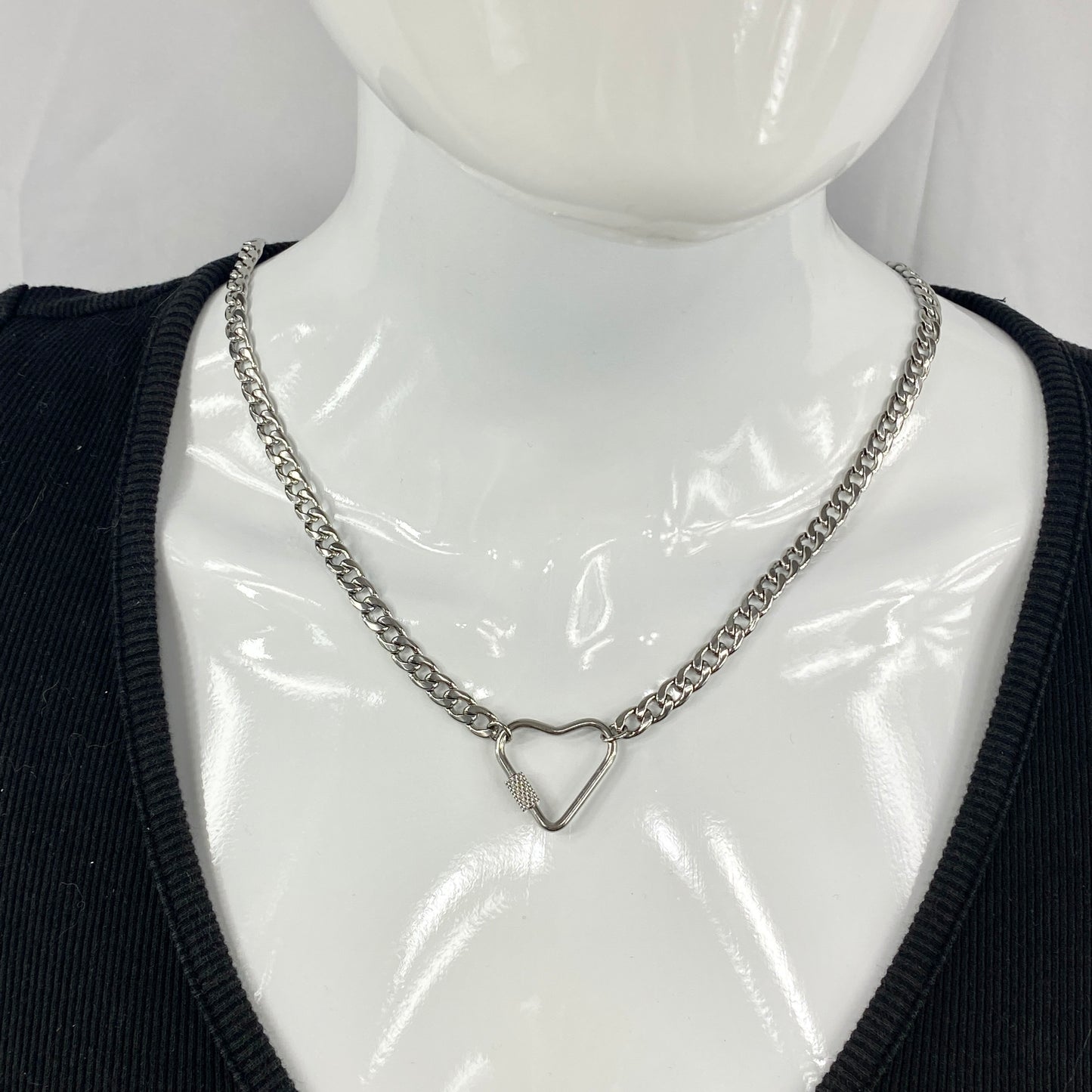 Silver Heart Carabiner & Birthstone on Miami Cuban Chain Necklace