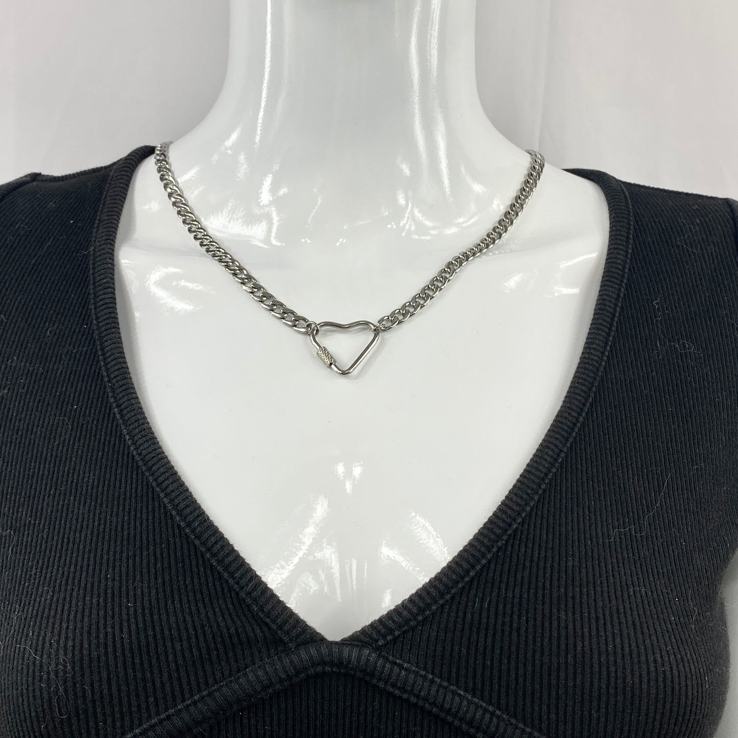 Silver Heart Carabiner & Birthstone on Miami Cuban Chain Necklace