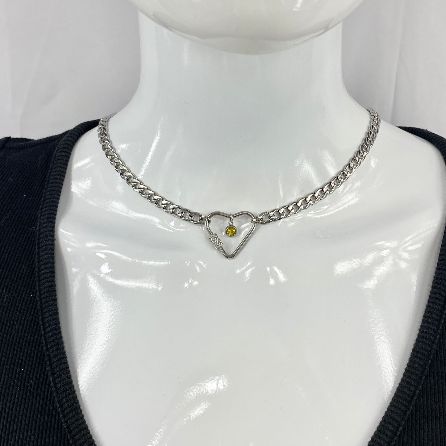 Silver Heart Carabiner & Birthstone on Miami Cuban Chain Necklace