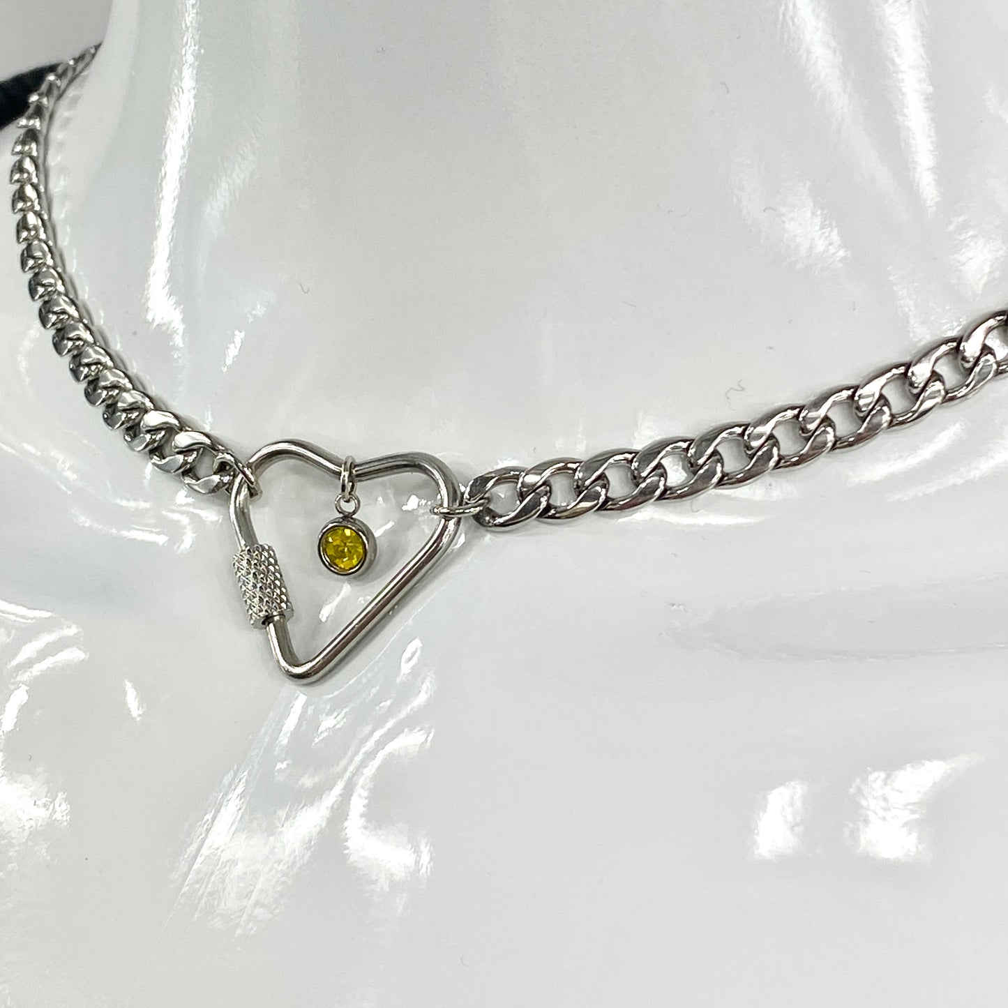 Silver Heart Carabiner & Birthstone on Miami Cuban Chain Necklace