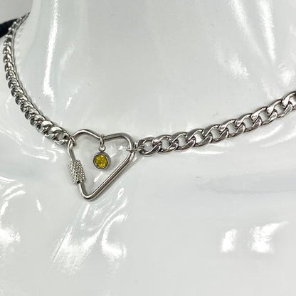 Silver Heart Carabiner & Birthstone on Miami Cuban Chain Necklace