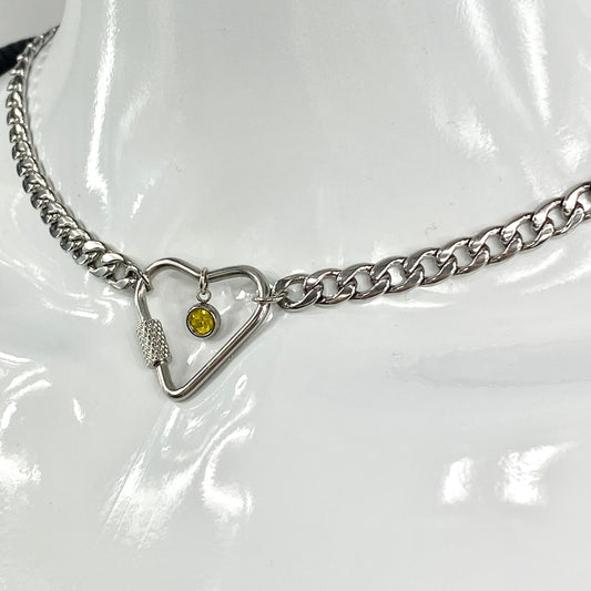 Silver Heart Carabiner & Birthstone on Miami Cuban Chain Necklace