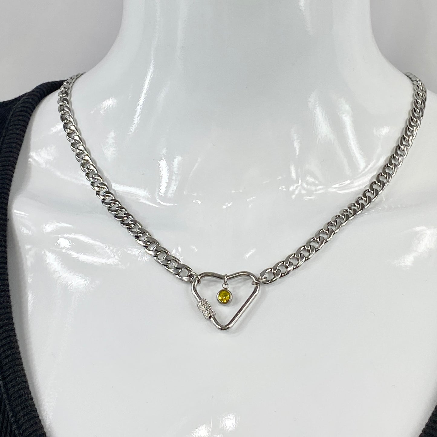 Silver Heart Carabiner & Birthstone on Miami Cuban Chain Necklace