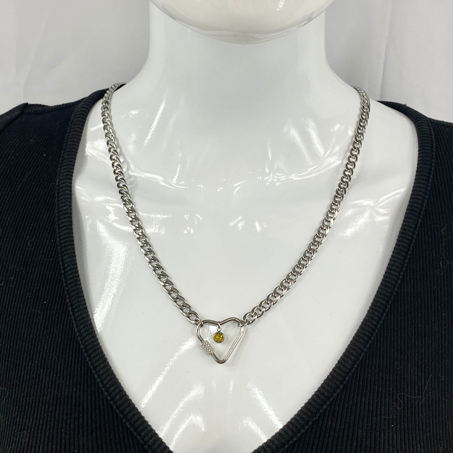 Silver Heart Carabiner & Birthstone on Miami Cuban Chain Necklace