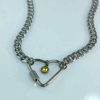 Silver Heart Carabiner & Birthstone on Miami Cuban Chain Necklace