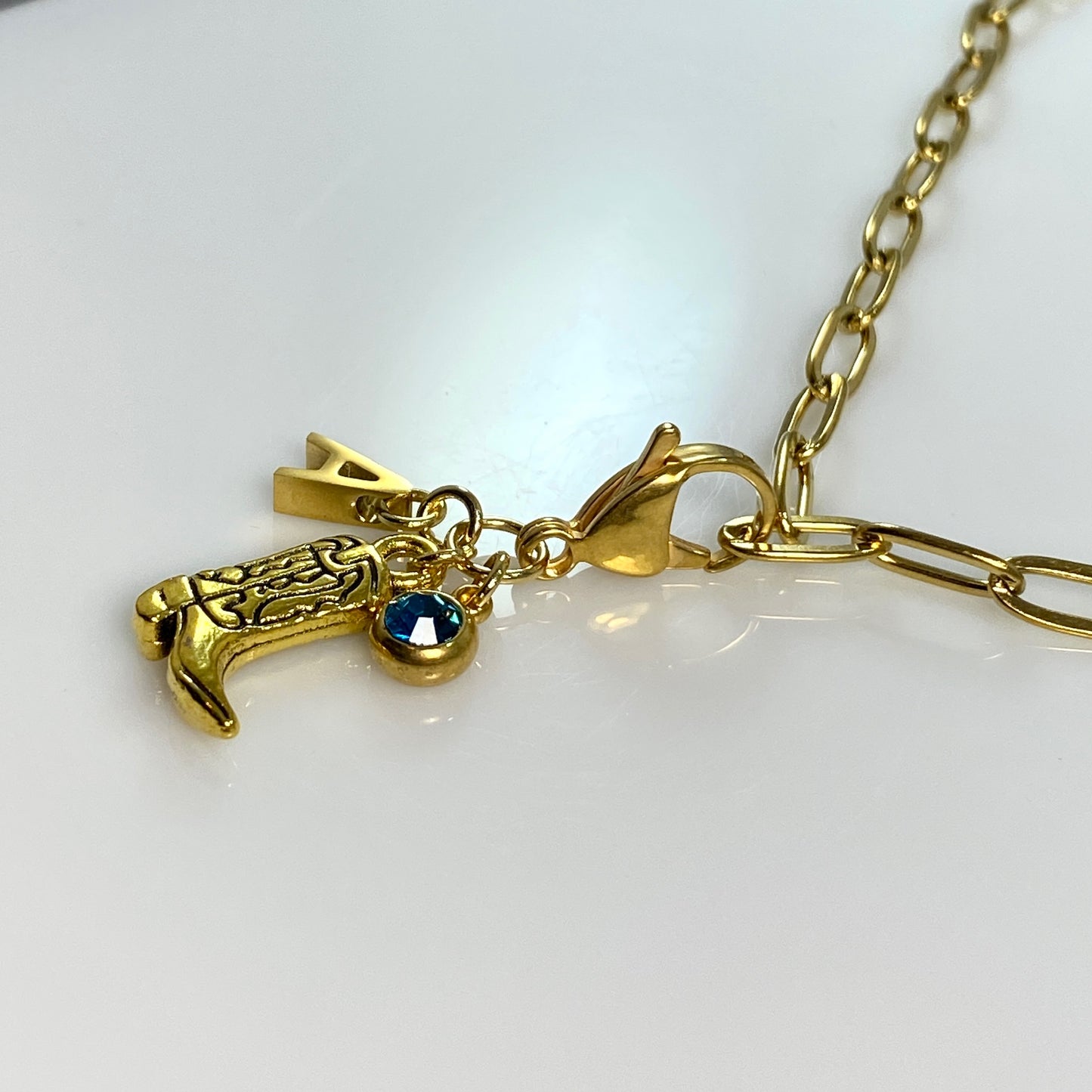 Gold Cowgirl Boot Initial Birthstone Charm