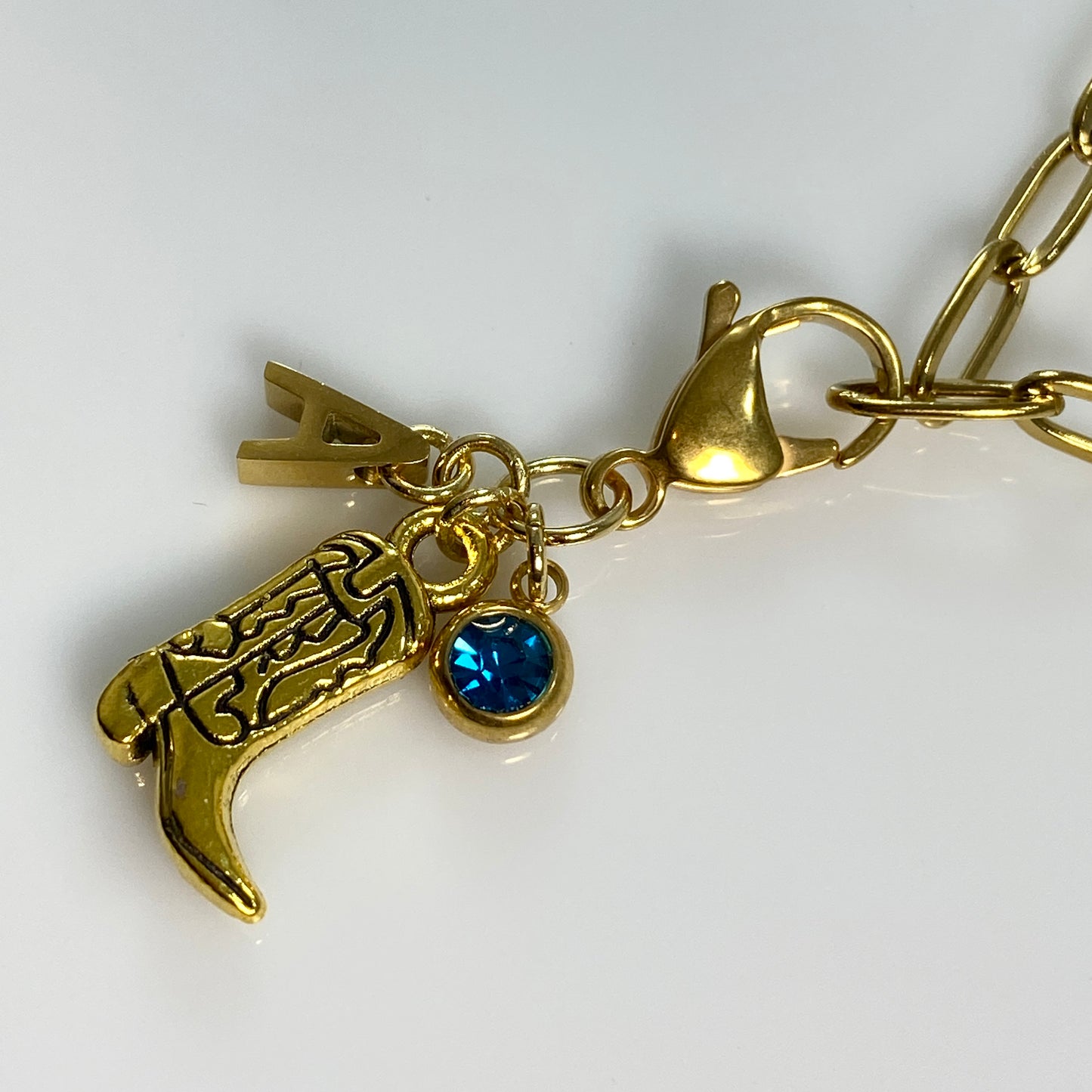Gold Cowgirl Boot Initial Birthstone Charm