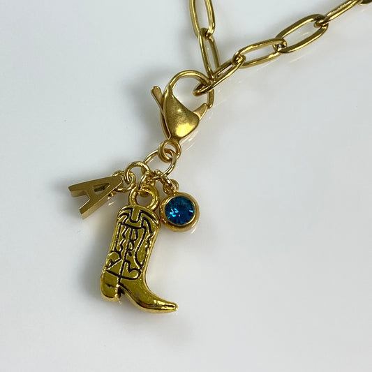 Gold Cowgirl Boot Initial Birthstone Charm