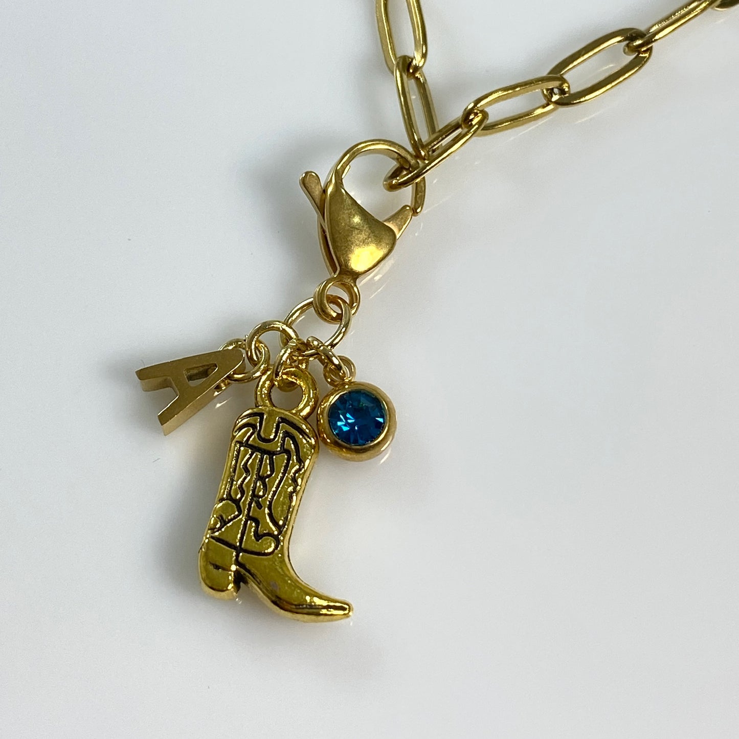 Gold Cowgirl Boot Initial Birthstone Charm
