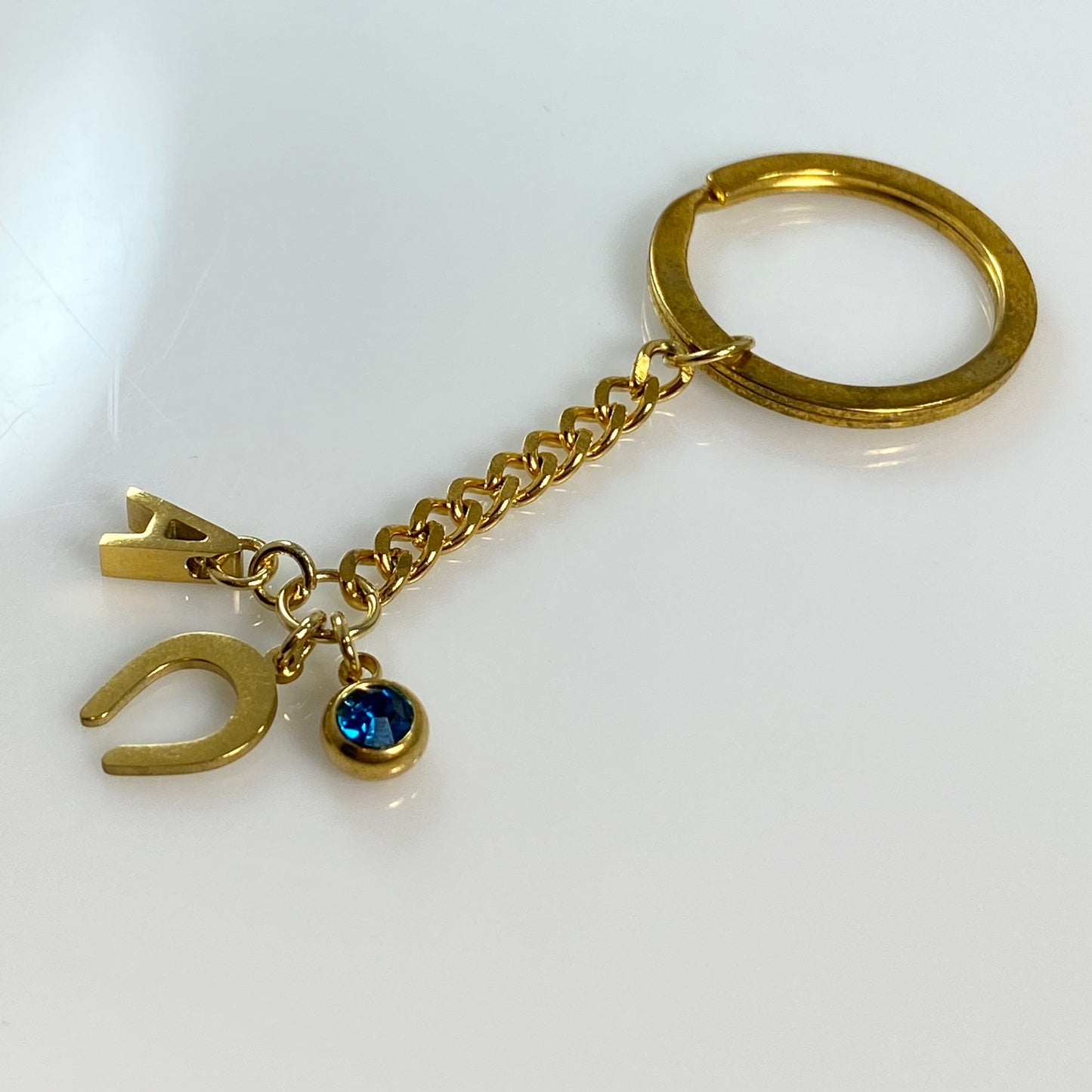 Gold Horseshoe Initial Letter Birthstone Keychain