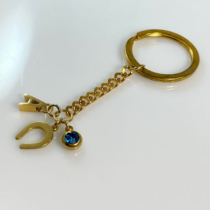 Gold Horseshoe Initial Letter Birthstone Keychain