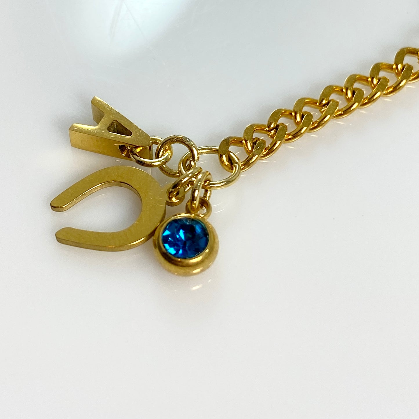 Gold Horseshoe Initial Letter Birthstone Keychain