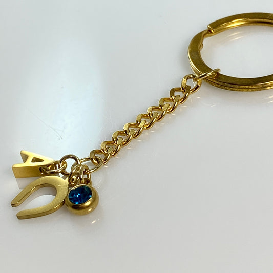 Gold Horseshoe Initial Letter Birthstone Keychain