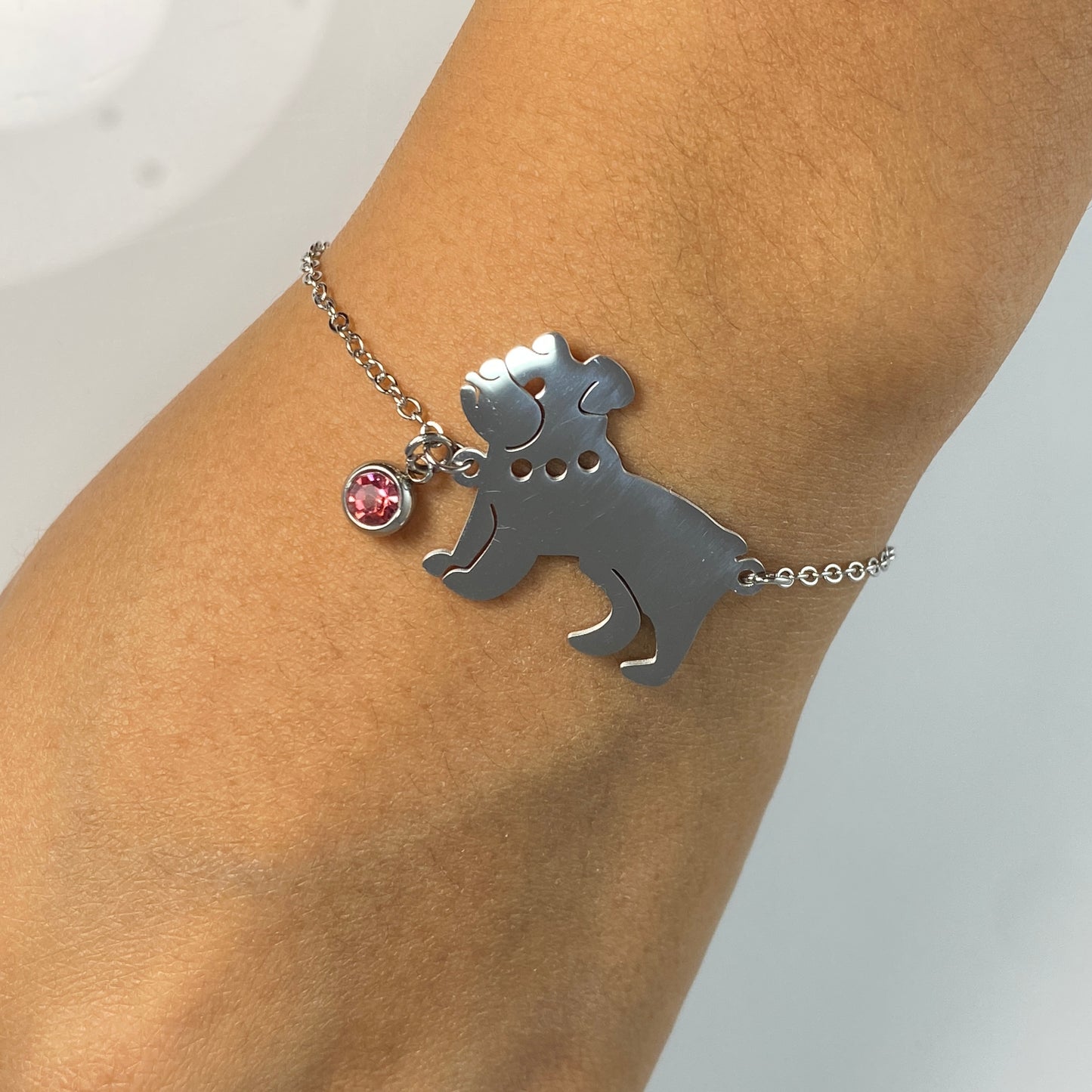 French Bulldog & Birthstone Cable Chain Bracelet