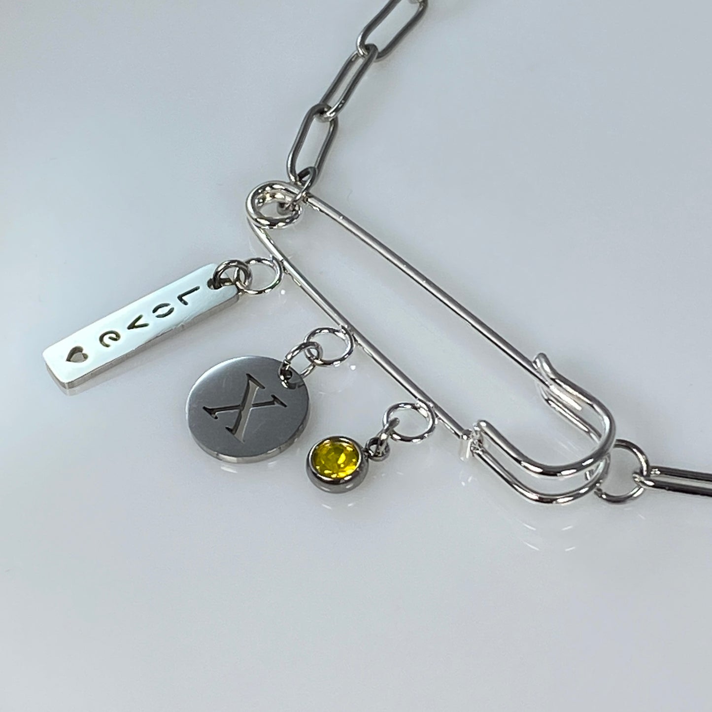 Love, Birthstone & Initial Letter Safety Pin on Paperclip Chain Necklace