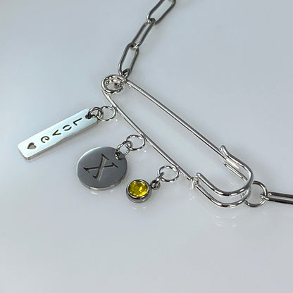 Love, Birthstone & Initial Letter Safety Pin on Paperclip Chain Necklace