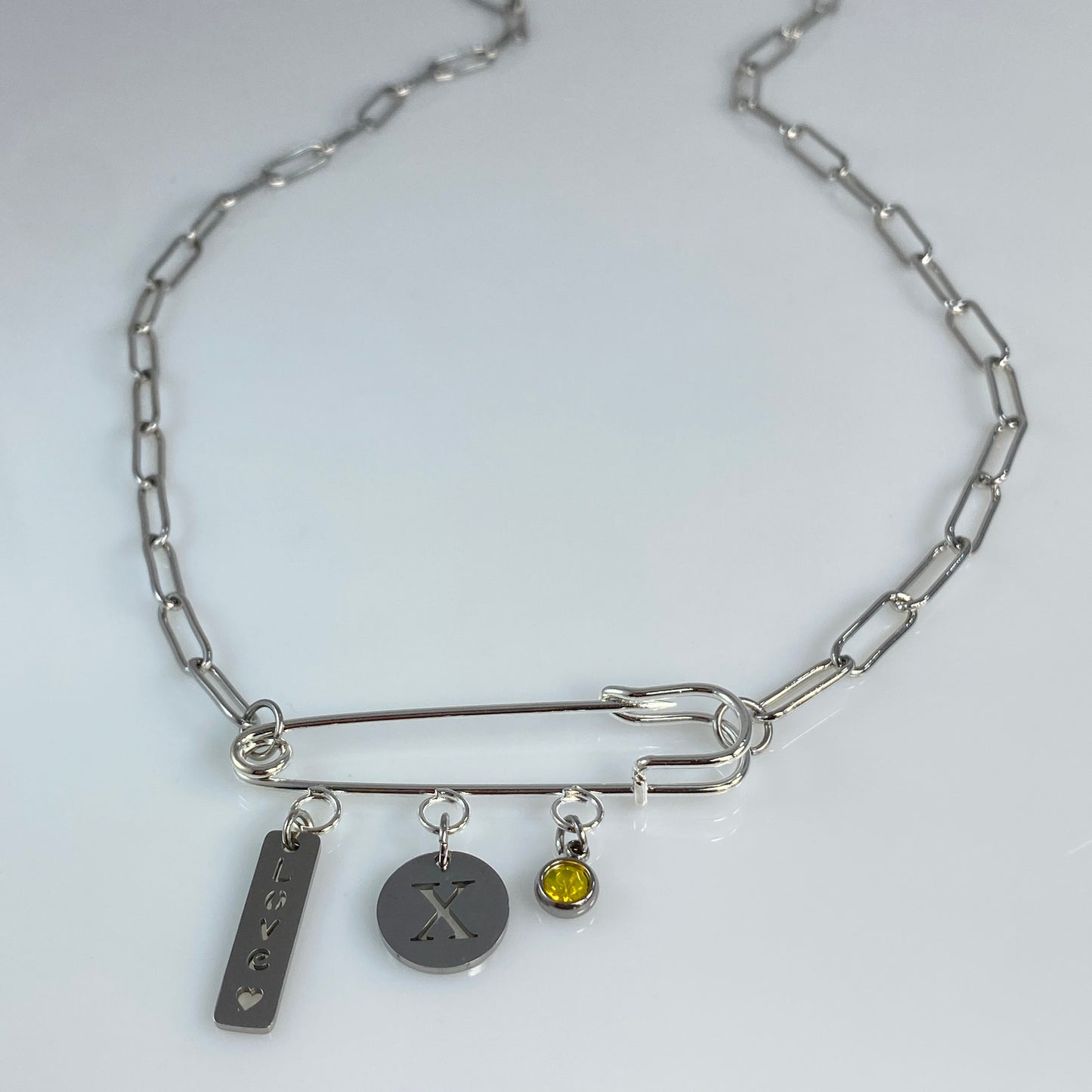 Love, Birthstone & Initial Letter Safety Pin on Paperclip Chain Necklace