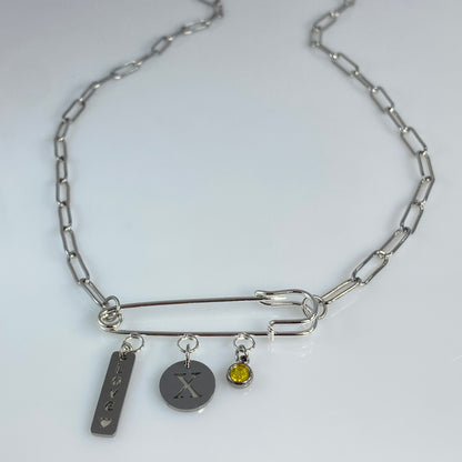 Love, Birthstone & Initial Letter Safety Pin on Paperclip Chain Necklace