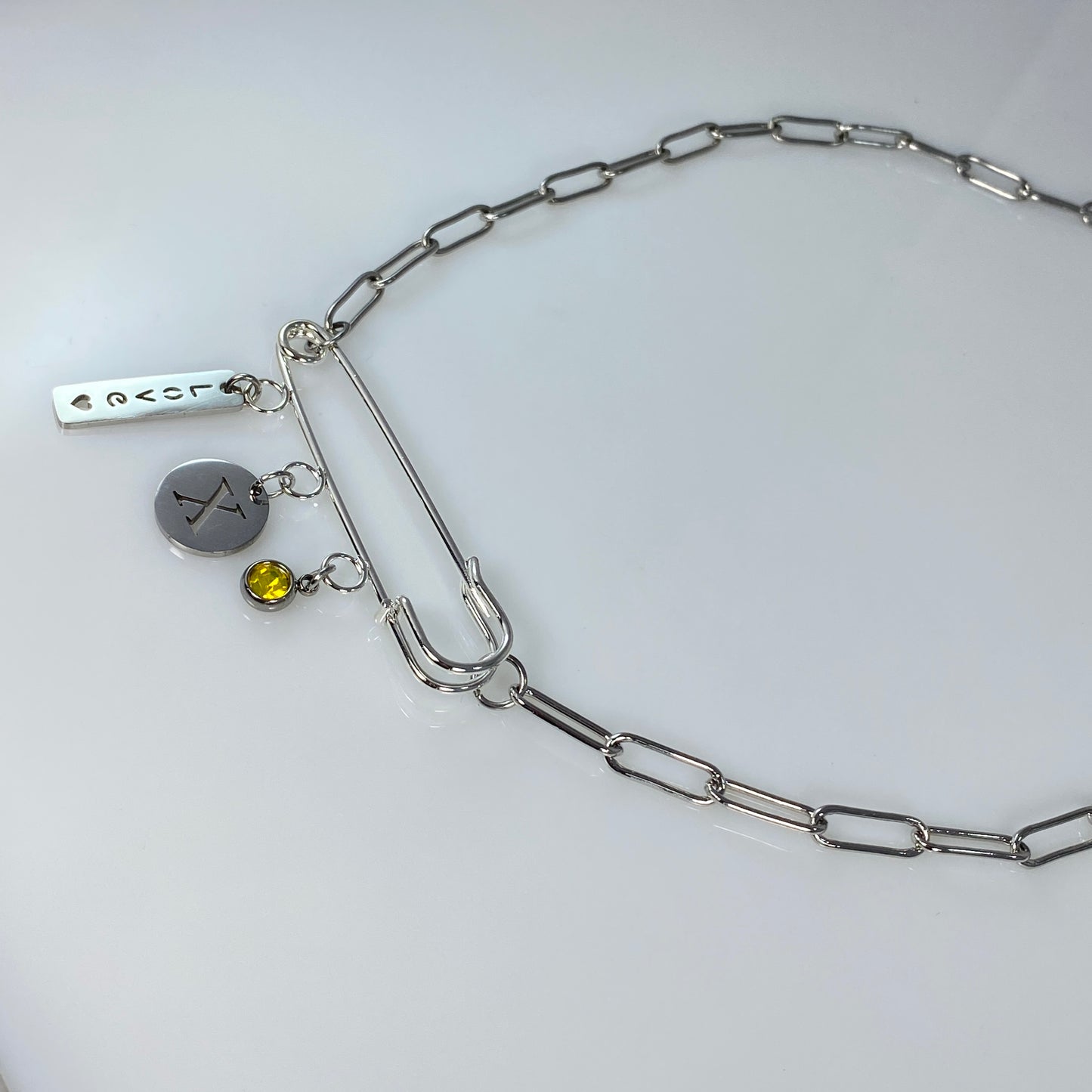 Love, Birthstone & Initial Letter Safety Pin on Paperclip Chain Necklace