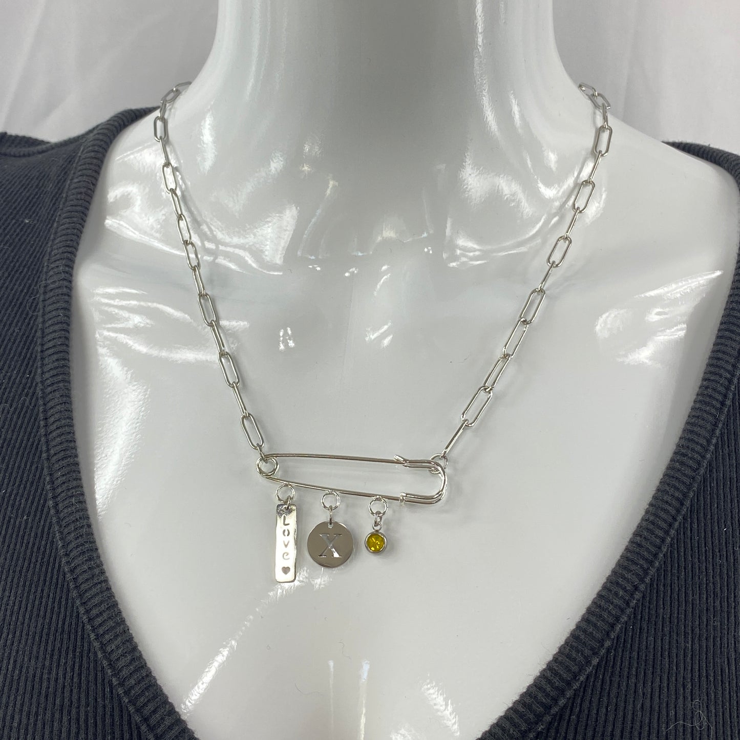 Love, Birthstone & Initial Letter Safety Pin on Paperclip Chain Necklace