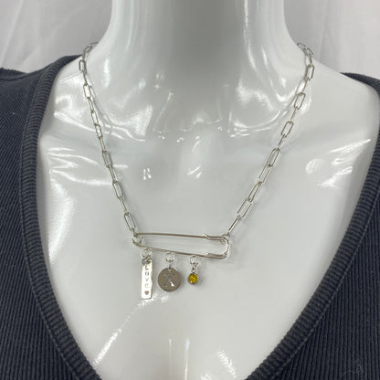 Love, Birthstone & Initial Letter Safety Pin on Paperclip Chain Necklace