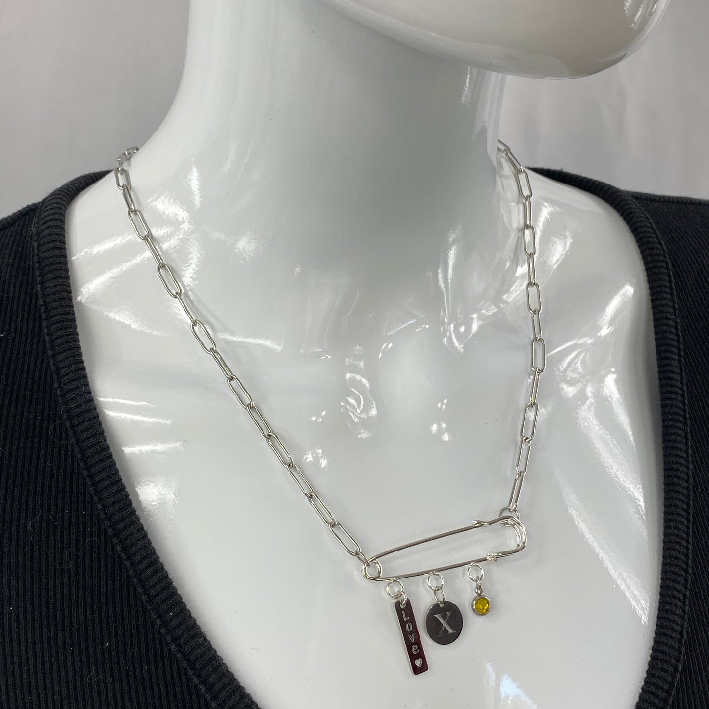 Love, Birthstone & Initial Letter Safety Pin on Paperclip Chain Necklace