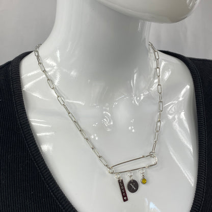 Love, Birthstone & Initial Letter Safety Pin on Paperclip Chain Necklace