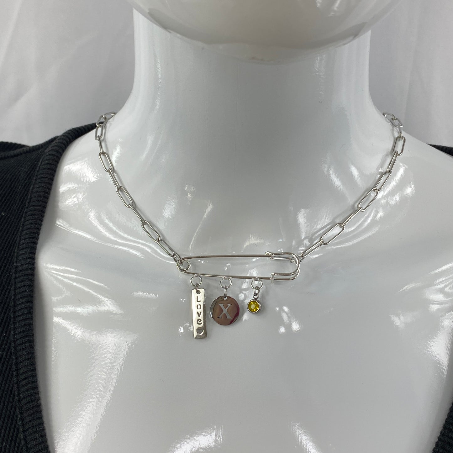 Love, Birthstone & Initial Letter Safety Pin on Paperclip Chain Necklace