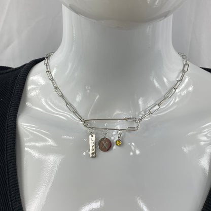 Love, Birthstone & Initial Letter Safety Pin on Paperclip Chain Necklace