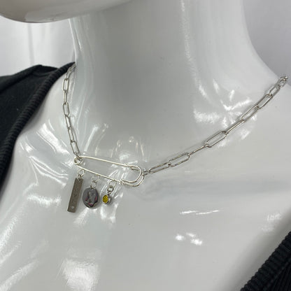 Love, Birthstone & Initial Letter Safety Pin on Paperclip Chain Necklace