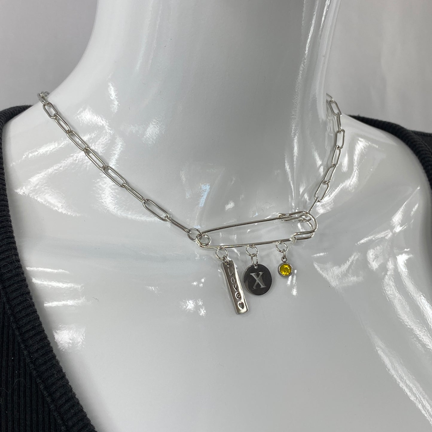 Love, Birthstone & Initial Letter Safety Pin on Paperclip Chain Necklace