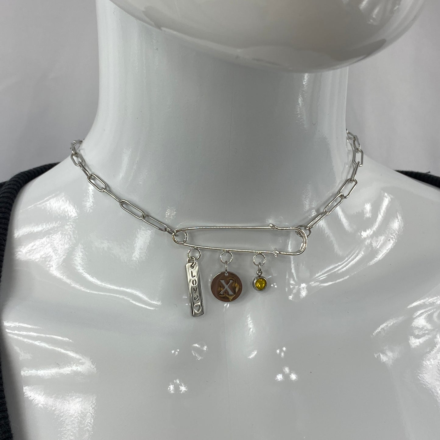 Love, Birthstone & Initial Letter Safety Pin on Paperclip Chain Necklace