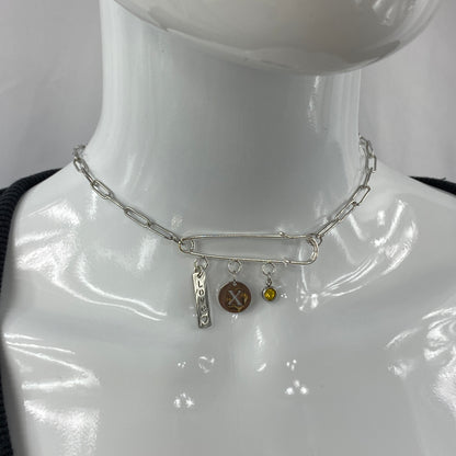 Love, Birthstone & Initial Letter Safety Pin on Paperclip Chain Necklace