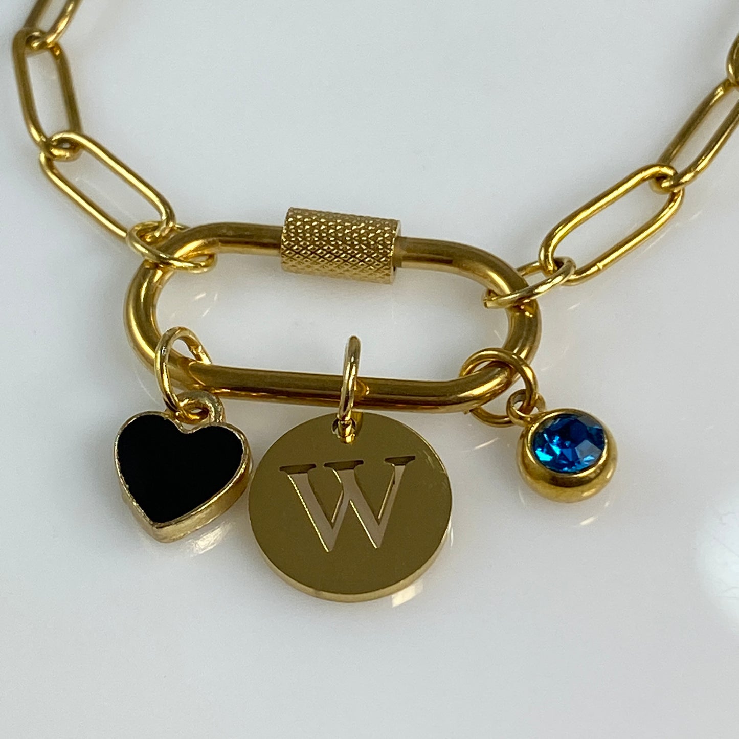 Oval Carabiner Heart, Initial Letter & Birthstone Charms on Paperclip Chain Necklace